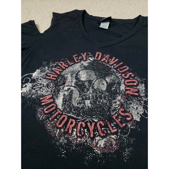 Harley Davidson Montana T-Shirt Skull Blind Cold Shoulder V-Neck Black Large - Picture 2 of 8